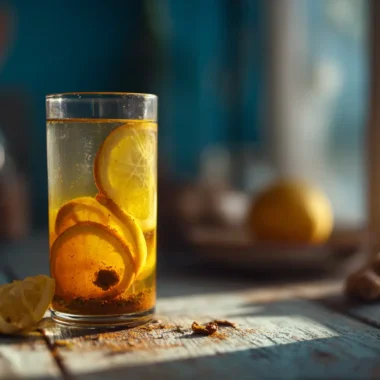 A glass of homemade magnesium turmeric lemonade with lemon slices and turmeric root on a wooden table, glowing in natural morning light