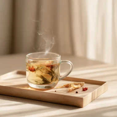 best korean retinol tea with ginseng and goji berries on wooden tray