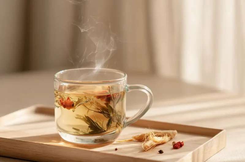 best korean retinol tea with ginseng and goji berries on wooden tray