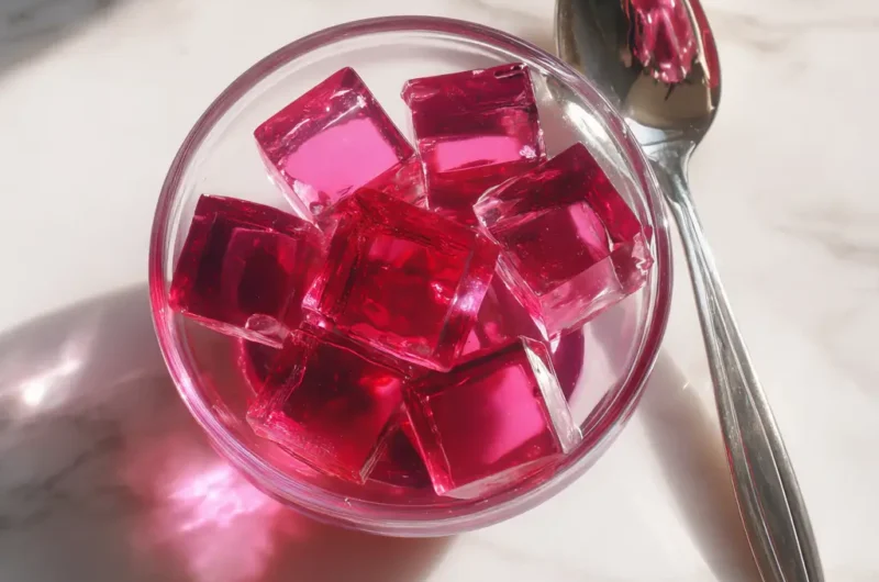 Bariatric surgery gelatin trick recipe with firm pink gelatin cubes in a glass dish