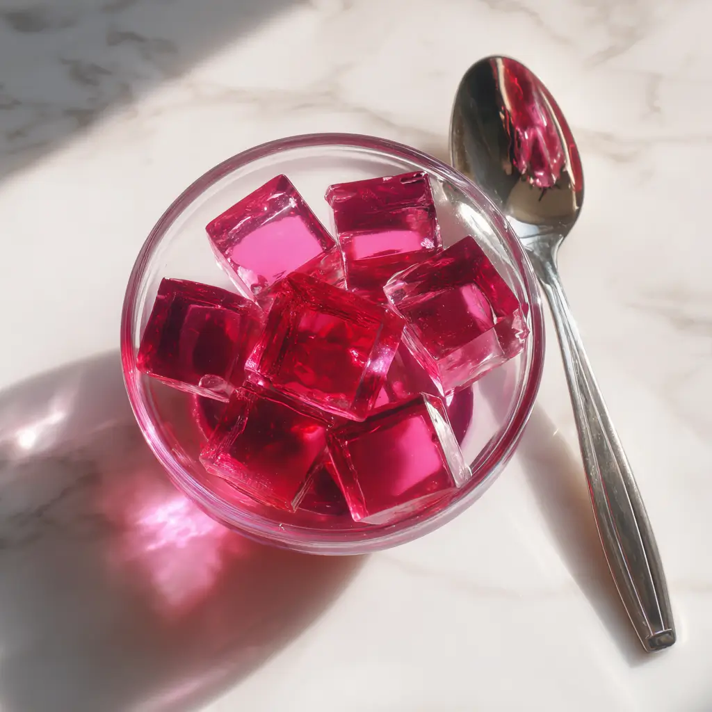 Ariatric surgery gelatin trick recipe showing firm pink gelatin cubes