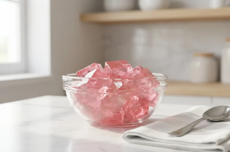 Pink bariatric gelatin recipe in a clear glass bowl on marble countertop for post-op weight loss support