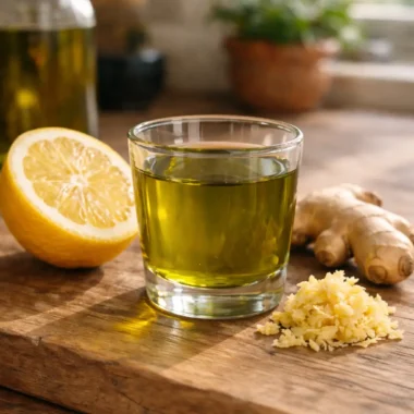 phenolic olive oil shot recipe with lemon and ginger in glass