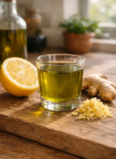 phenolic olive oil shot recipe with lemon and ginger in glass