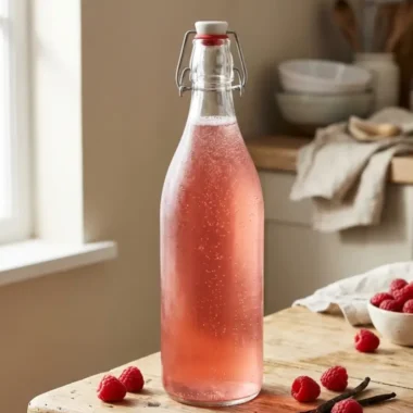 Raspberry vanilla water kefir recipe in swing-top glass bottle with natural carbonation and fresh raspberries