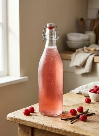 Raspberry vanilla water kefir recipe in swing-top glass bottle with natural carbonation and fresh raspberries