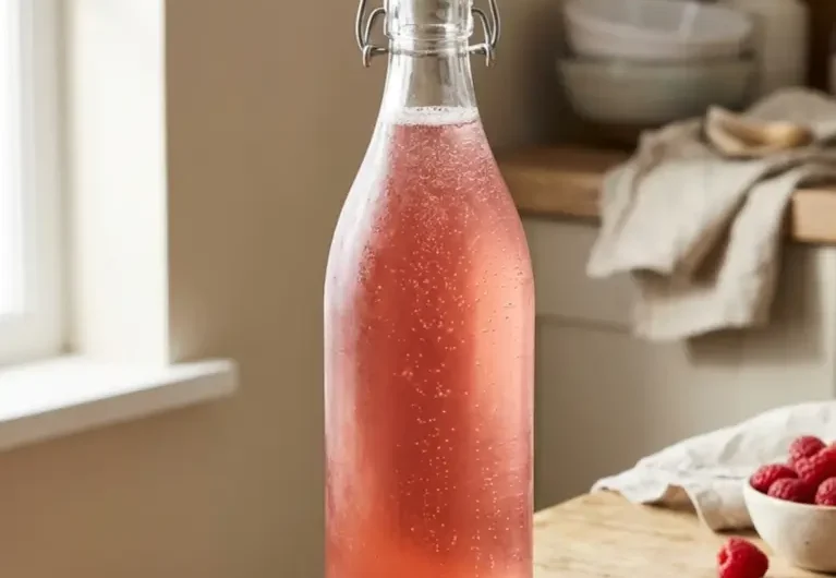 Raspberry vanilla water kefir recipe in swing-top glass bottle with natural carbonation and fresh raspberries