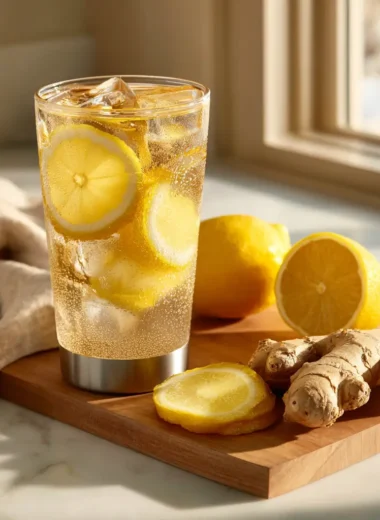 Lemon Ginger Honey Stacked Water Recipe in a 40 oz tumbler with fresh ginger and lemon