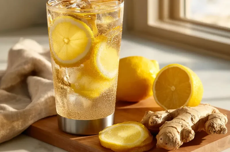 Lemon Ginger Honey Stacked Water Recipe in a 40 oz tumbler with fresh ginger and lemon