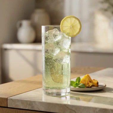 Sparkling okra water in glass with pineapple and ginger