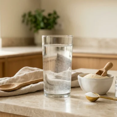 Stacked water for glowing skin with collagen and vitamin C in glass