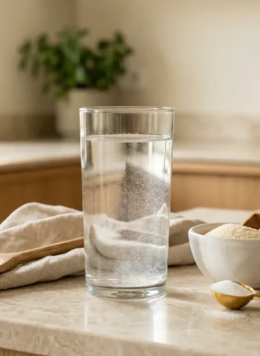 Stacked water for glowing skin with collagen and vitamin C in glass