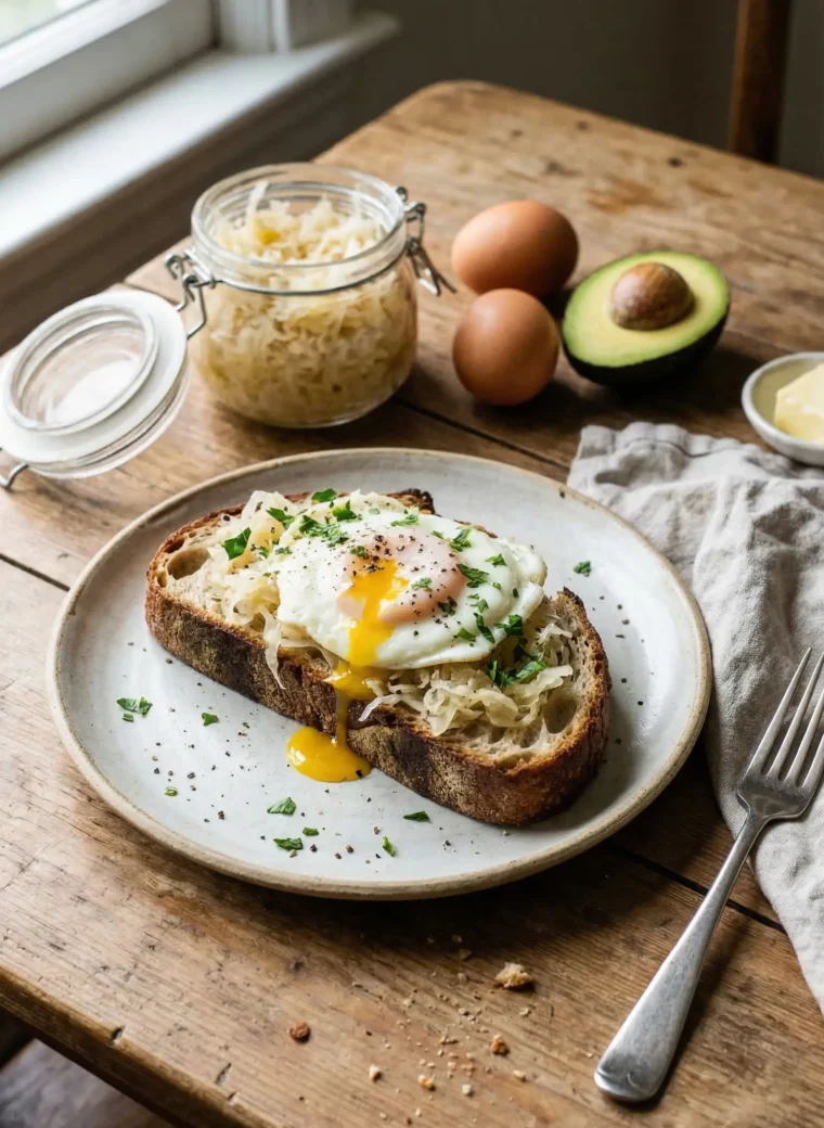 sourdough kraut breakfast toast recipe with egg and raw sauerkraut