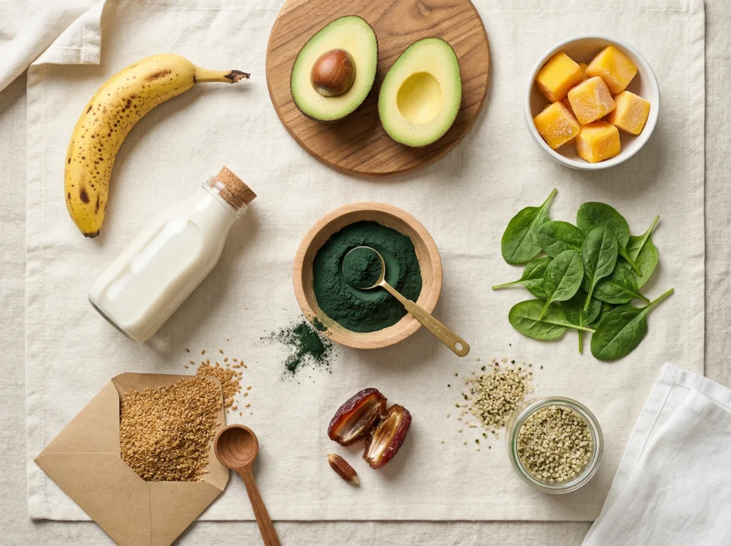 spirulina smoothie ingredients flat lay including banana avocado mango spinach spirulina powder flaxseed hemp seeds